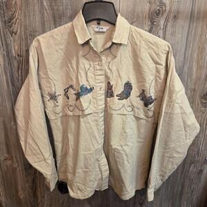 Roper Western Wear Button L/S Shirt Beige Vintage Size Med cowboy rodeo work